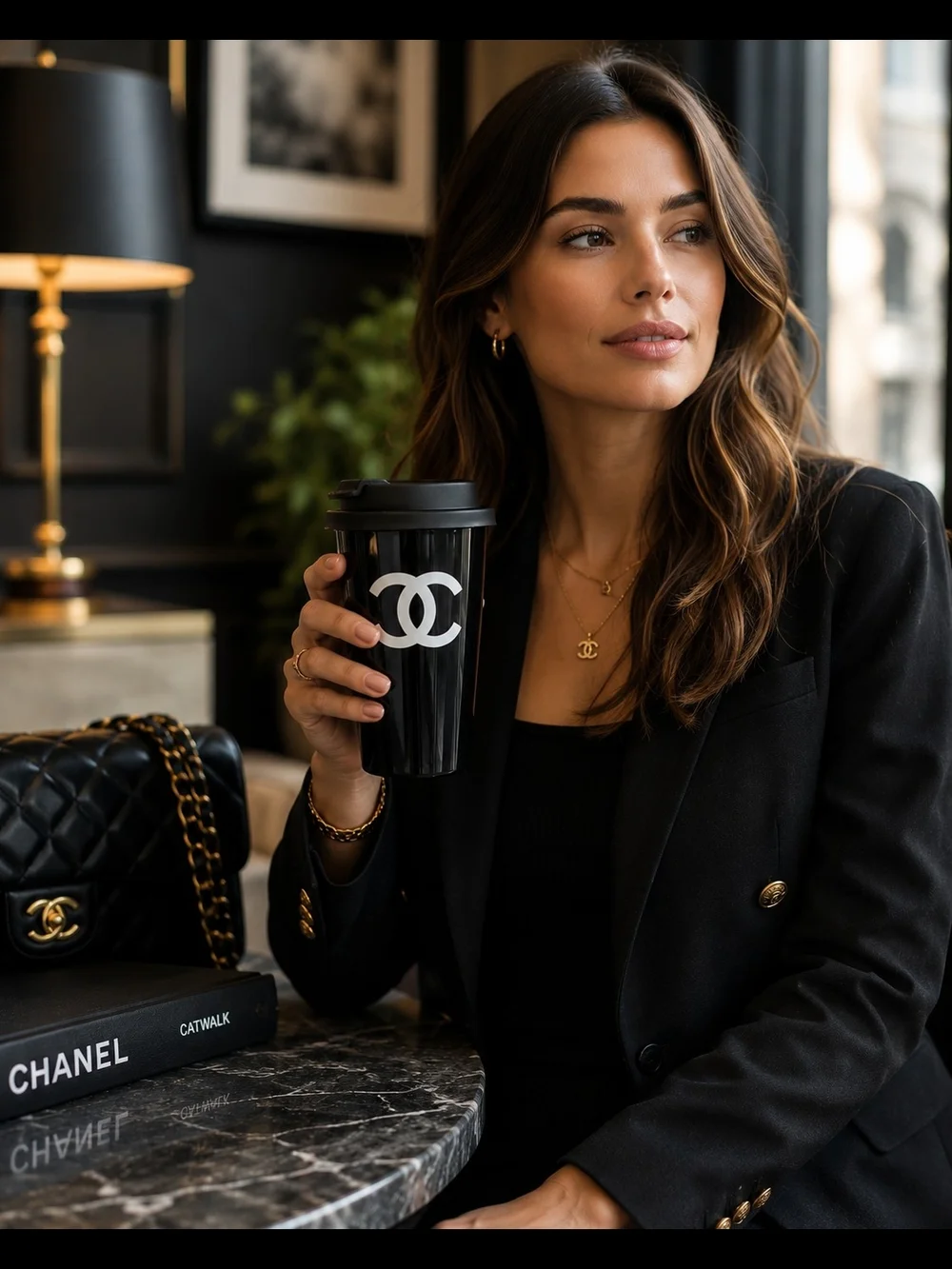 Black Designer Travel Tumbler Coffee Cup with White Double-C Logo